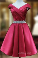 Burgundy Satin Off the Shoulder Pleats Beading Homecoming Dress