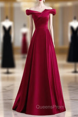 Burgundy Satin Off the Shoulder Pleats Long Evening Prom Dress
