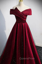 Burgundy Satin Off the Shoulder Evening Prom Dress, A-Line Evening Graduation Dress