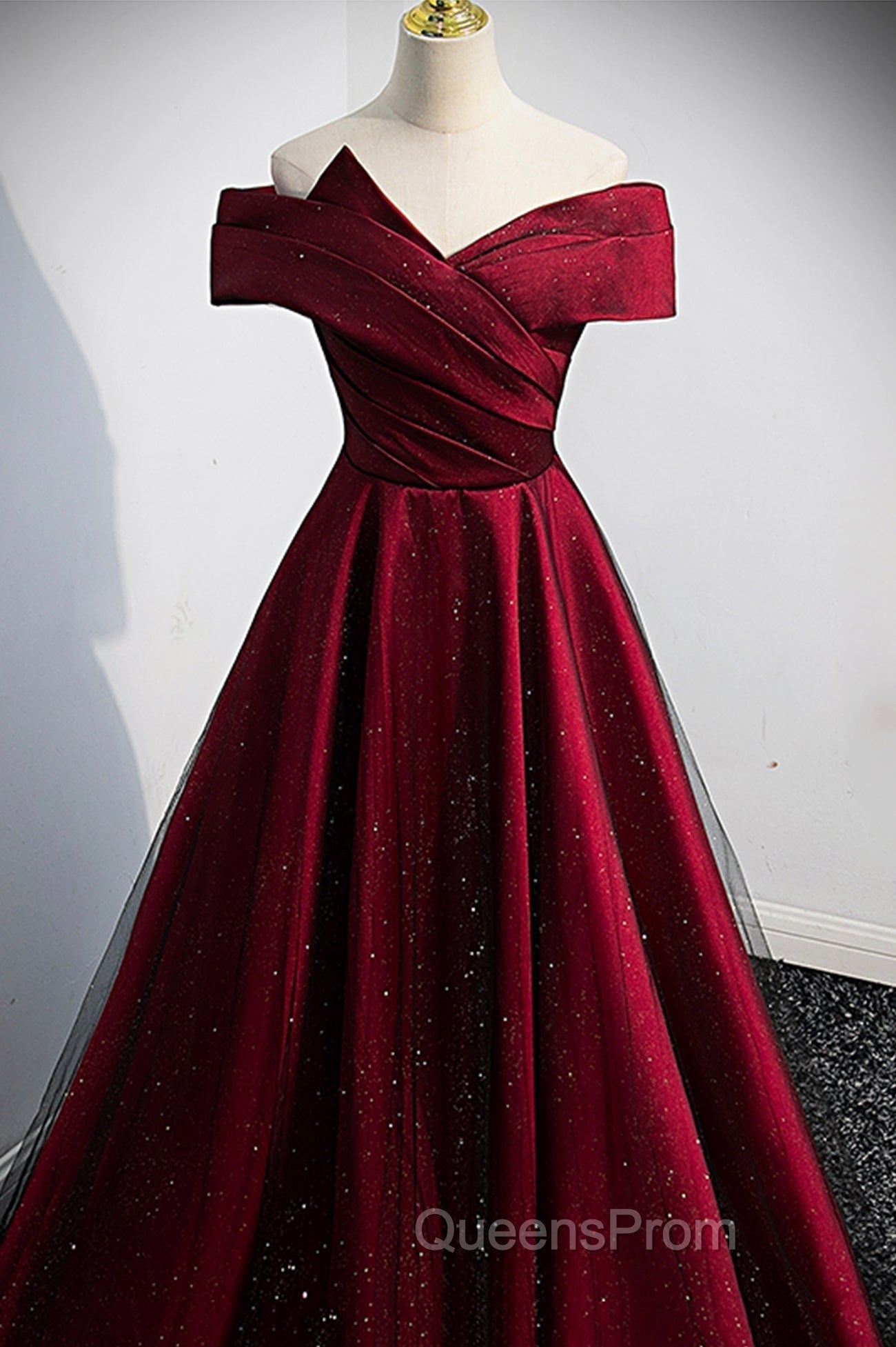 Burgundy Satin Off the Shoulder Evening Prom Dress, A-Line Evening Graduation Dress
