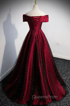 Burgundy Satin Off the Shoulder Evening Prom Dress, A-Line Evening Graduation Dress