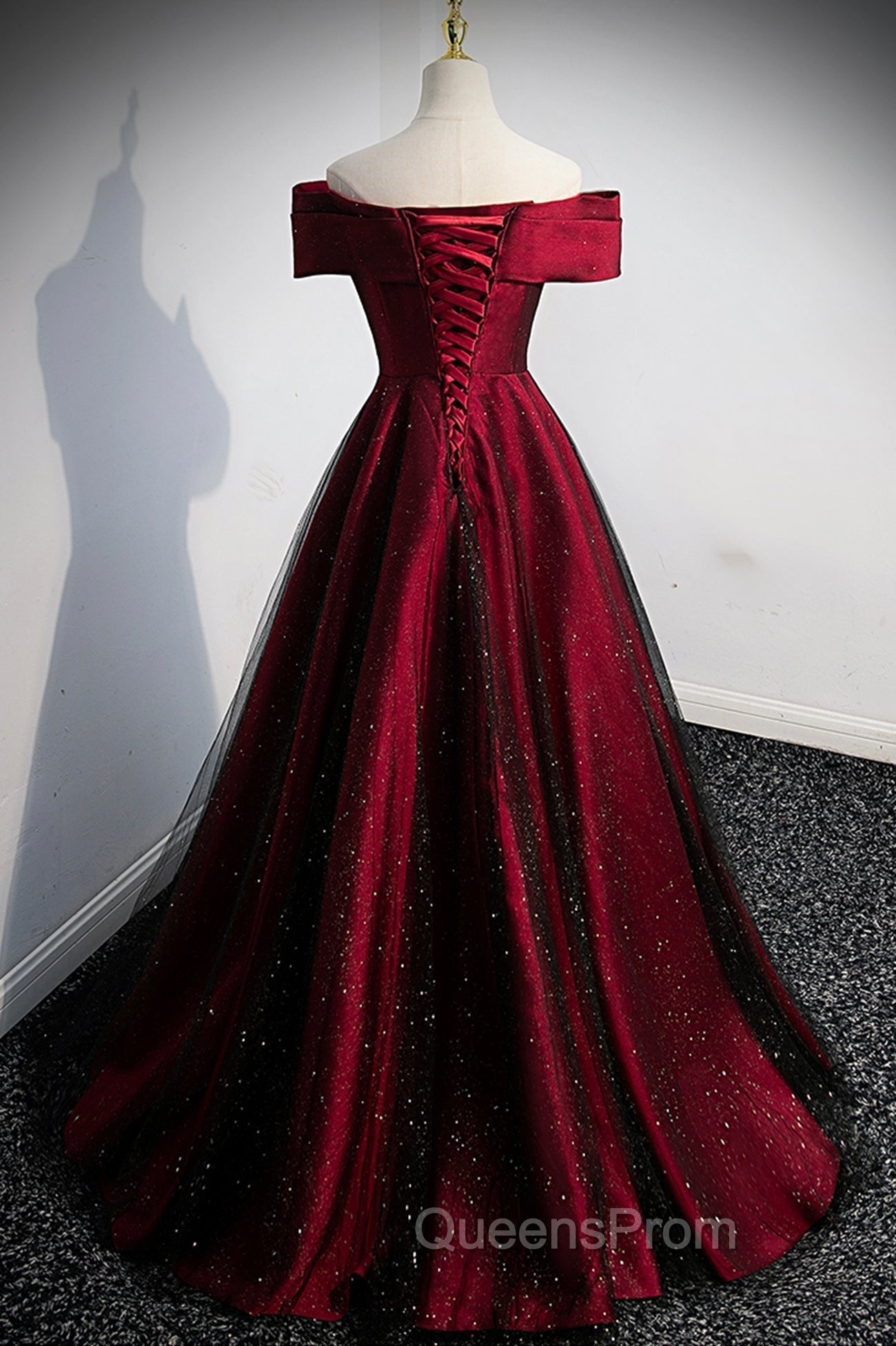 Burgundy Satin Off the Shoulder Evening Prom Dress, A-Line Evening Graduation Dress