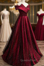 Burgundy Satin Off the Shoulder Evening Prom Dress, A-Line Evening Graduation Dress