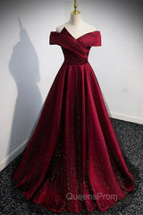 Burgundy Satin Off the Shoulder Evening Prom Dress, A-Line Evening Graduation Dress