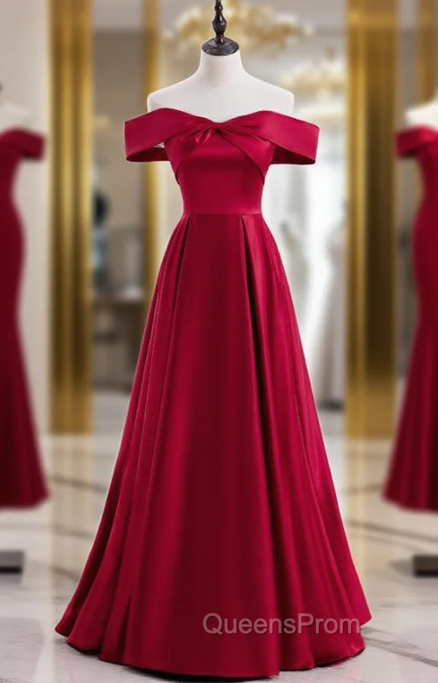 Burgundy Satin Off the Shoulder Evening Prom Dress