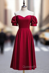 Burgundy Satin Off the Shoulder Puff Sleeve Evening Prom Dress