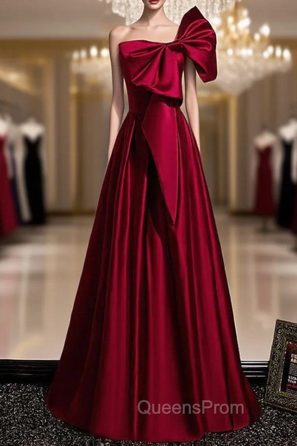 Burgundy Satin One Shoulder Bow Evening Prom Dress Main image