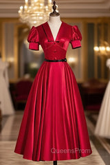 Burgundy Satin Puff Sleeve Backless Short Evening Prom Dress