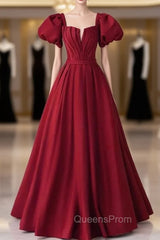 Burgundy Satin Puff Sleeve Pleats Evening Prom Dress