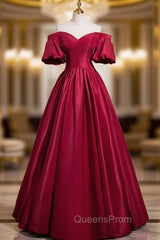 Burgundy Satin Puff Sleeve Evening Prom Dress