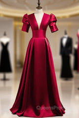 Burgundy Satin Puff Sleeve V-neck Backless Evening Prom Dress
