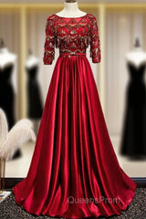 Burgundy Satin Sequins Short Sleeve Evening Prom Dress