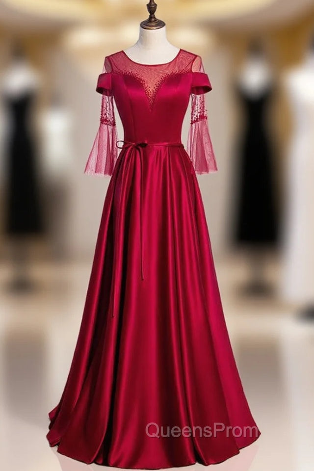 Burgundy Satin Short Sleeve Beading Backless Evening Prom Dress Main image