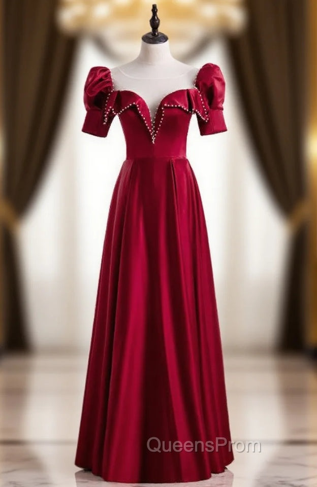 Burgundy Satin Short Sleeve Pearls Evening Prom Dress Main image