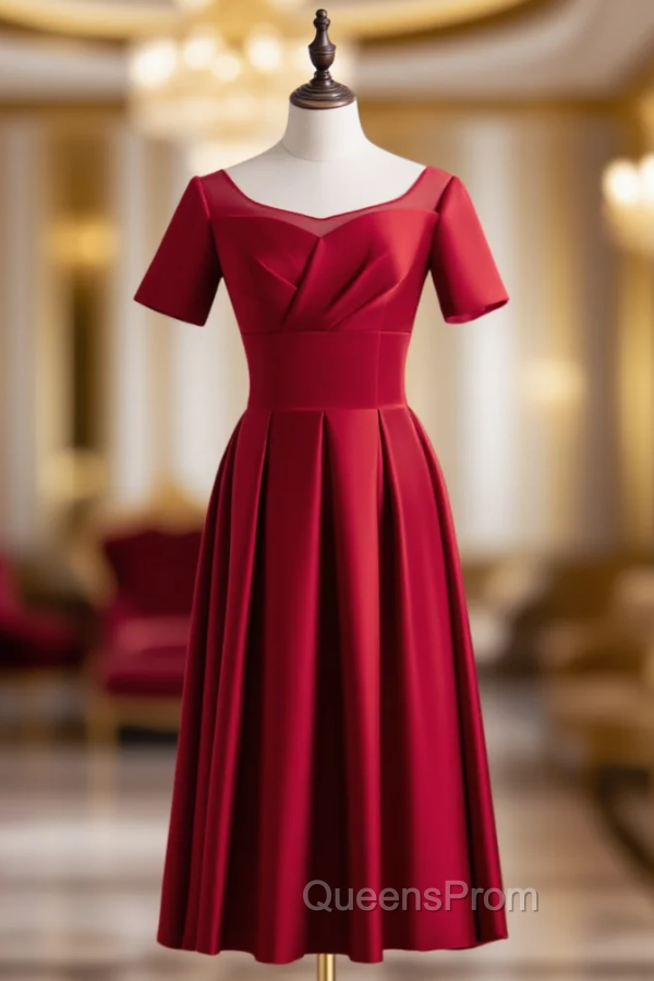 Burgundy Satin Short Sleeve Pleats Backless Short Evening Prom Dress Main image