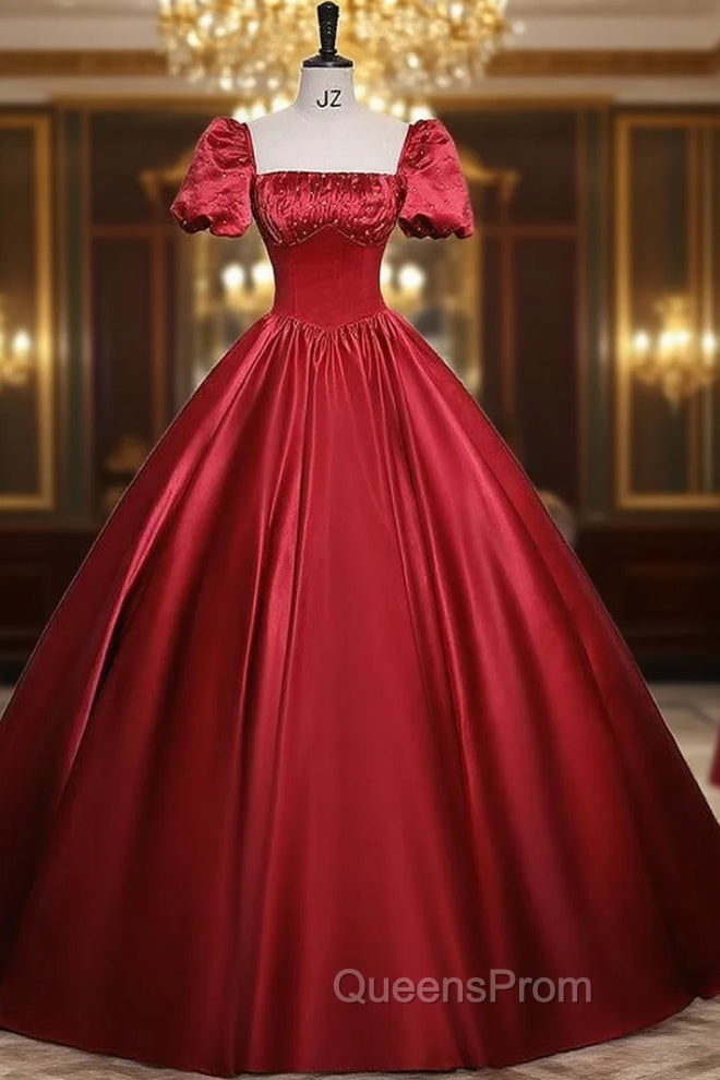 Burgundy Satin Short Sleeve Pleats Evening Prom Dress Main image