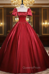 Burgundy Satin Short Sleeve Pleats Evening Prom Dress