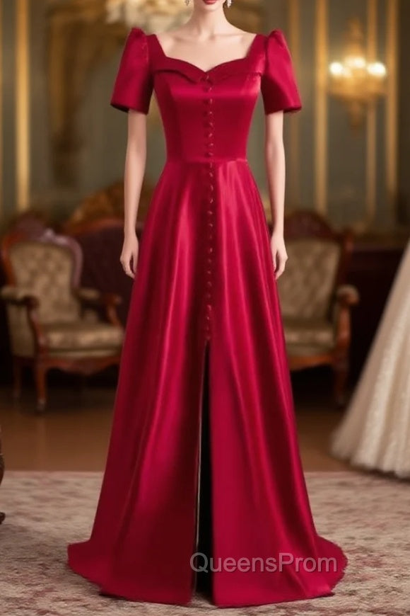 Burgundy Satin Short Sleeve Evening Prom Dress With Split Main image