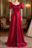 Burgundy Satin Short Sleeve Evening Prom Dress With Split