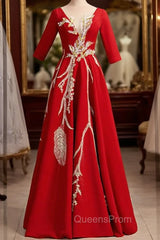 Burgundy Satin Short Sleeve Sequins Appliques Evening Prom Dress