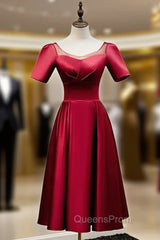 Burgundy Satin Short Sleeve Tea Length Evening Prom Dress