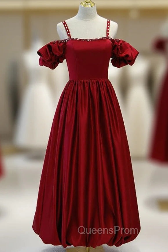 Burgundy Satin Spaghetti Straps Beading Backless Evening Prom Dress
