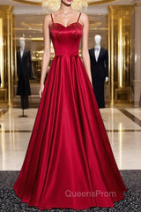 Burgundy Satin Spaghetti Straps Beading Evening Prom Dress