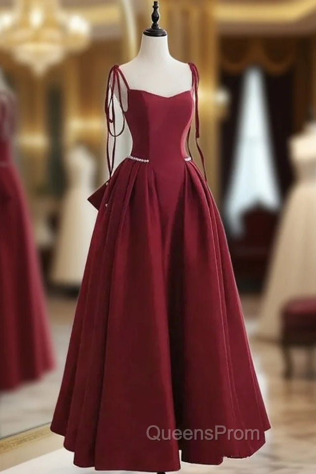 Burgundy Satin Spaghetti Straps Bow Evening Prom Dress Main image