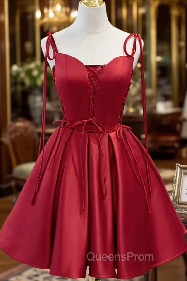 Burgundy Satin Spaghetti Straps Homecoming Dress Main image