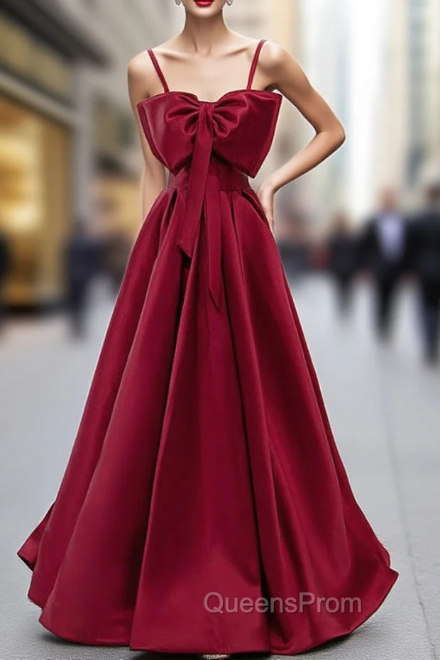Burgundy Satin Spaghetti Straps Evening Prom Dress With Bow Main image