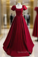 Burgundy Satin Square Beading Short Sleeve Evening Prom Dress