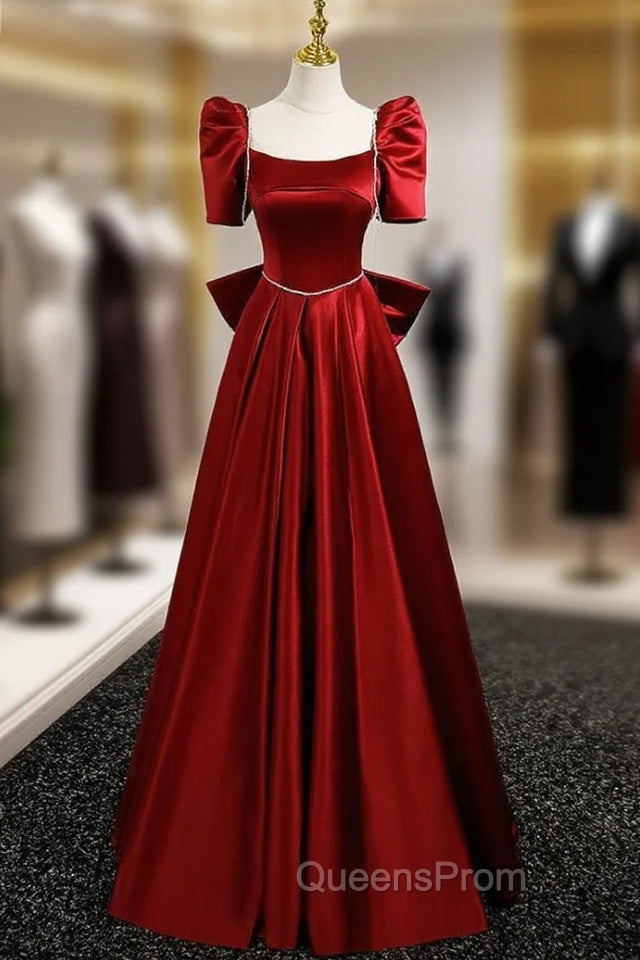 Burgundy Satin Square Neck Short Sleeve Bow Evening Prom Dress Main image