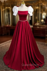Burgundy Satin Square Neck Short Sleeve Evening Prom Dress