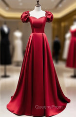 Burgundy Satin Square Puff Sleeve Beding Evening Prom Dress