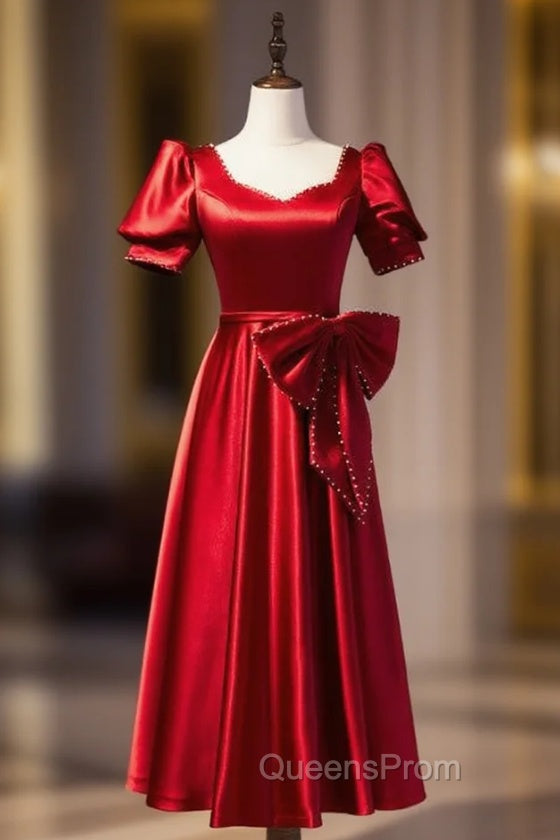 Burgundy Satin Square Puff Sleeve Pearls Bow Evening Prom Dress Main image