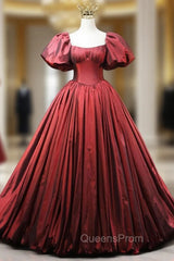Burgundy Satin Square Puff Sleeve Pleats Evening Prom Dress