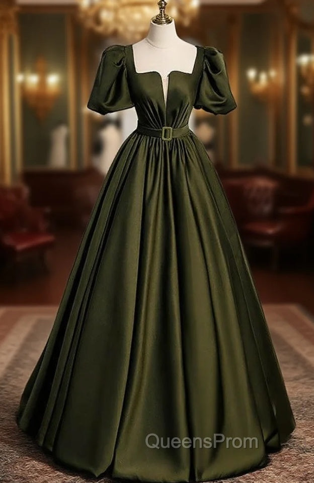 Burgundy Satin Square Puff Sleeve Pleats Evening Prom Dress