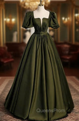 Burgundy Satin Square Puff Sleeve Pleats Evening Prom Dress