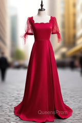 Burgundy Satin Square Short Sleeve Beading Evening Prom Dress