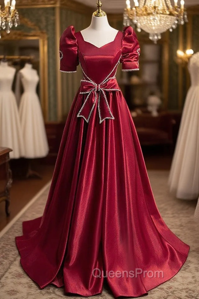 Burgundy Satin Square Short Sleeve Bow Evening Prom Dress Main image