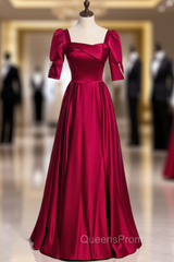 Burgundy Satin Square Short Sleeve Pearls Evening Prom Dress