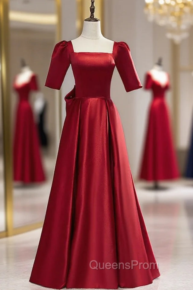 Burgundy Satin Square Short Sleeve Evening Prom Dress With Bow