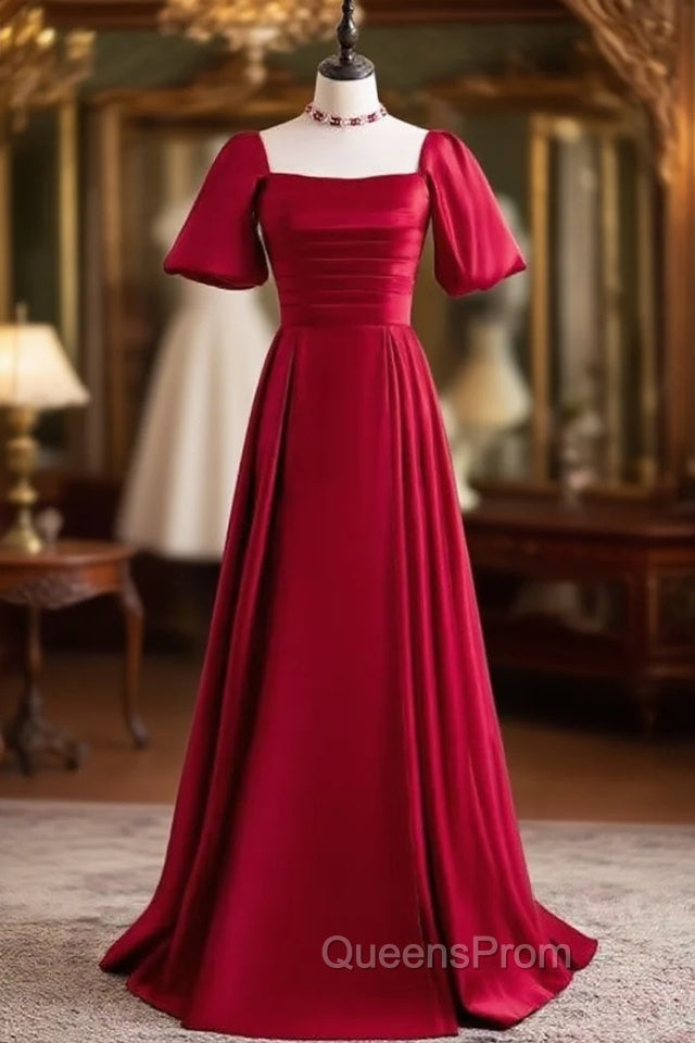 Burgundy Satin Square Short Sleeve Evening Prom Dress Main image