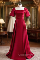 Burgundy Satin Square Short Sleeve Evening Prom Dress