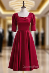 Burgundy Satin Square Short Sleeve Tea Length Evening Prom Dress