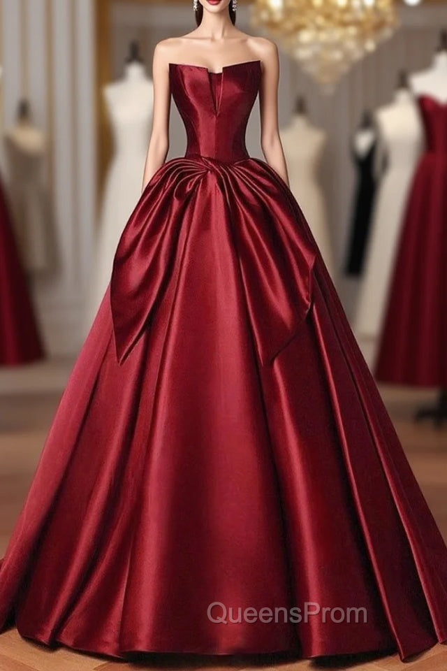Burgundy Satin Strapless Bow Evening Prom Dress Main image