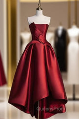 Burgundy Satin Strapless Evening Prom Dress
