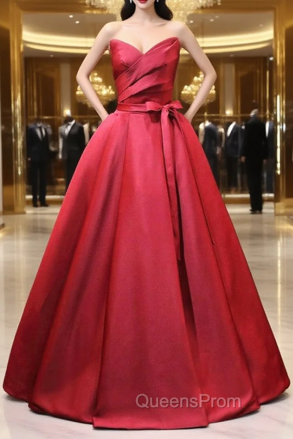 Burgundy Satin Strapless Pleats Evening Prom Dress With Belt