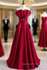 Burgundy Satin Strapless Pleats Evening Prom Dress