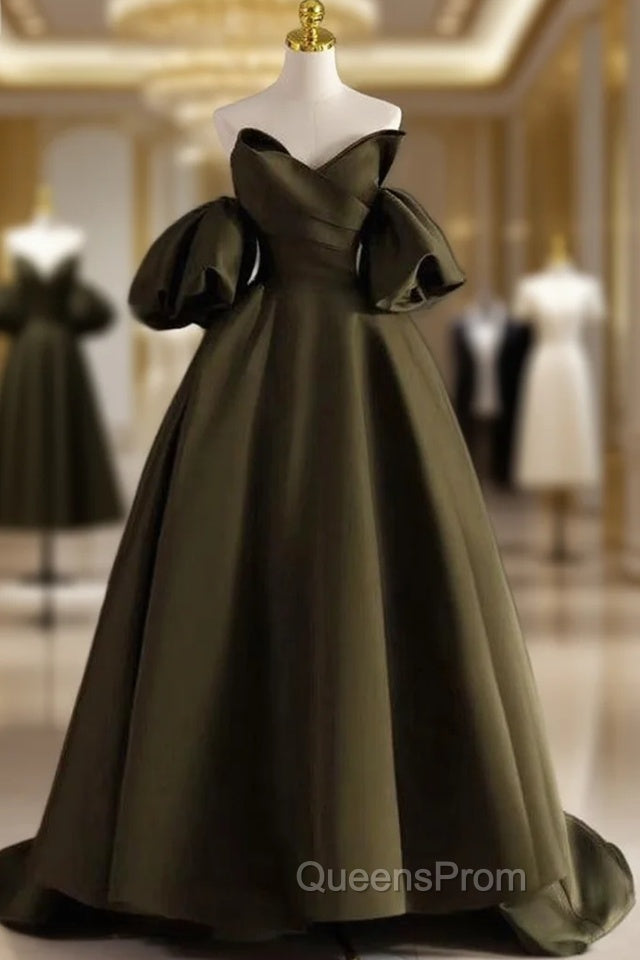 Burgundy Satin Strapless Puff Sleeve Evening Prom Dress